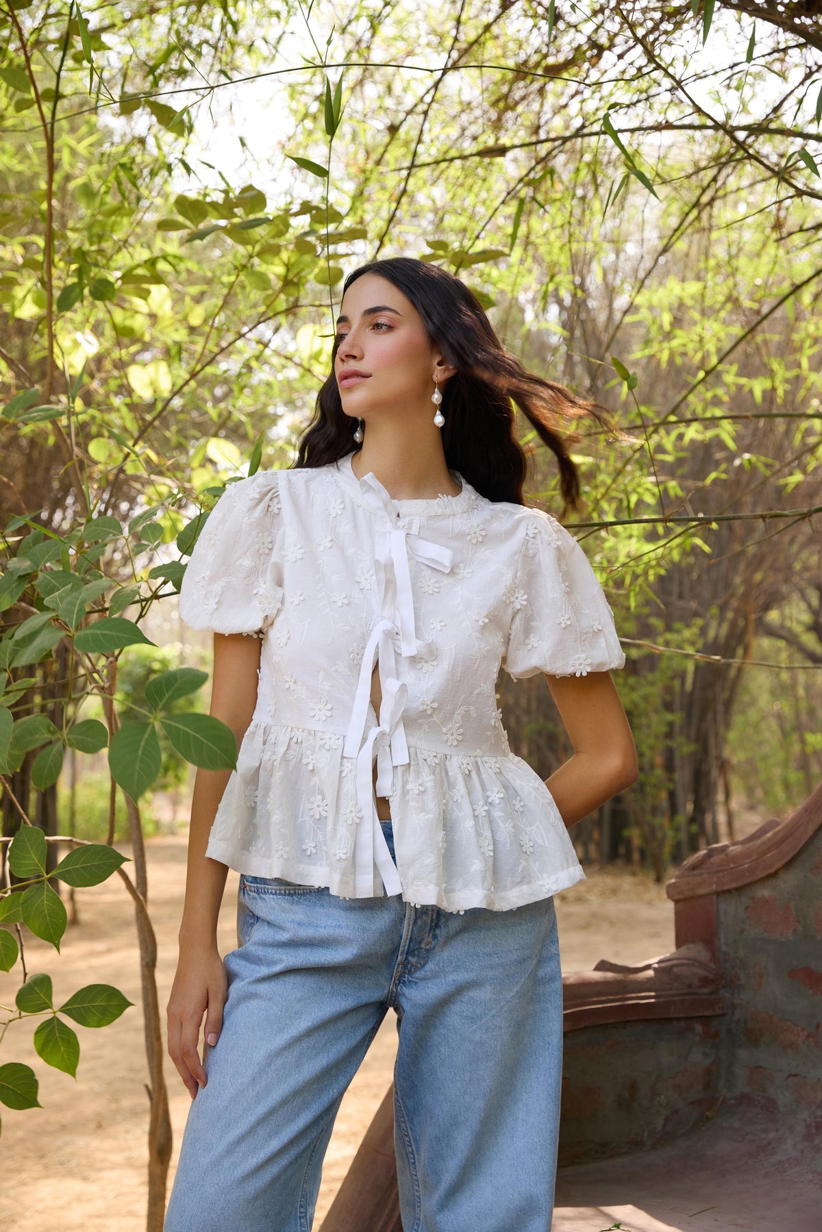 Schiffli Front Tie-up Peplum Top