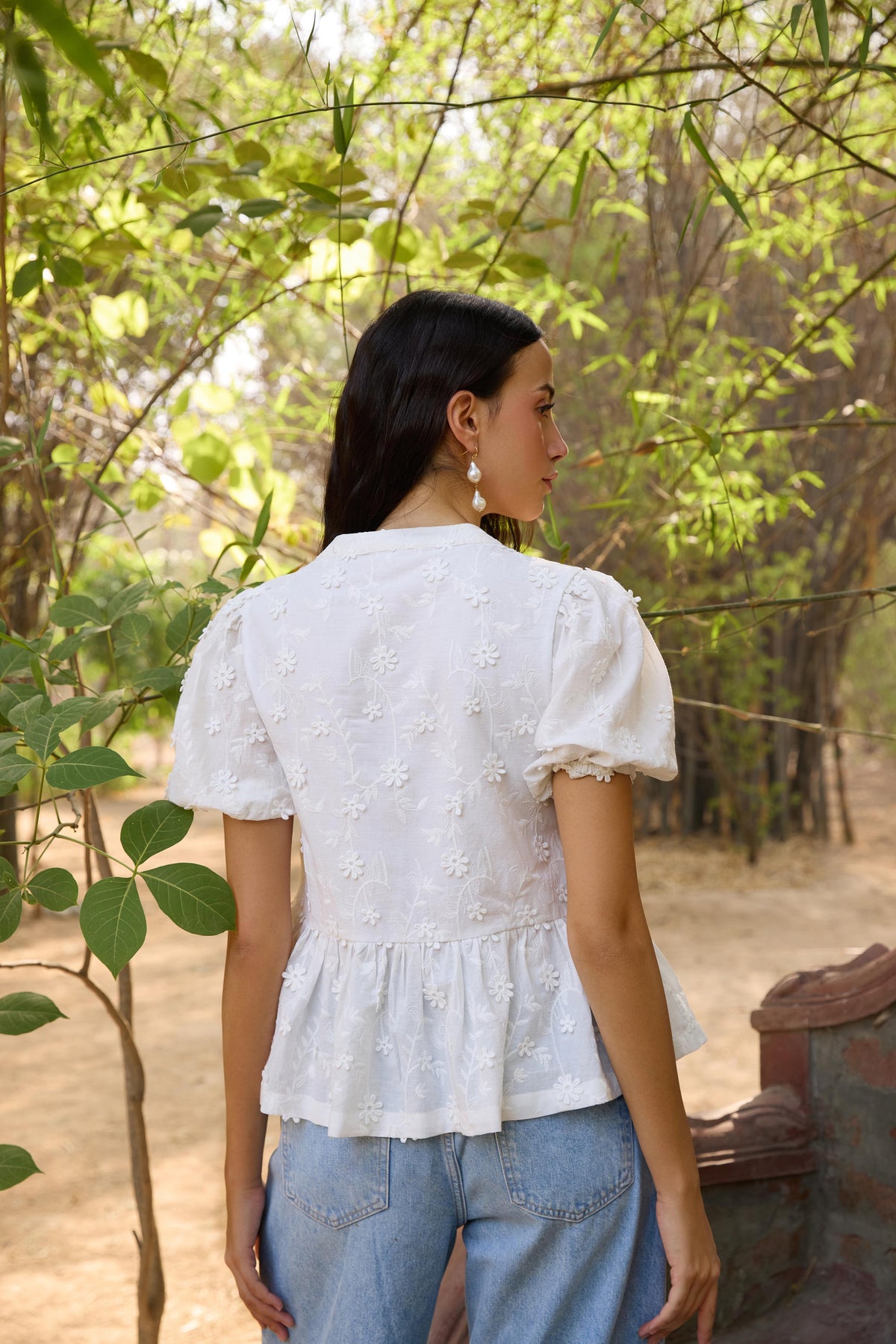 Schiffli Front Tie-up Peplum Top