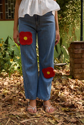 Flower Applique Straight Fit Jeans
