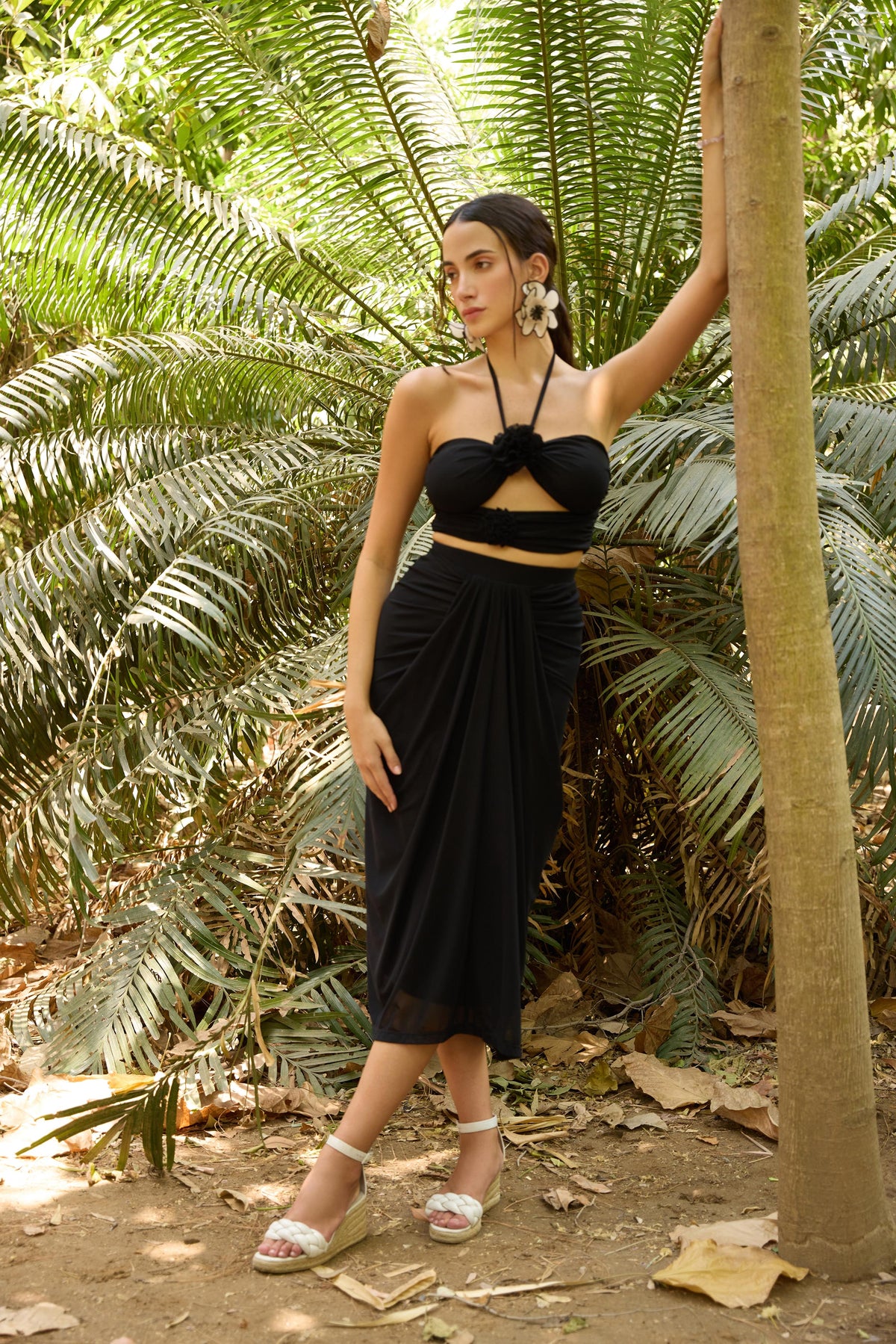 Black Corsage Top and Pre-Draped Skirt Set