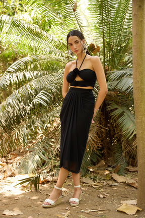 Black Corsage Top and Pre-Draped Skirt Set