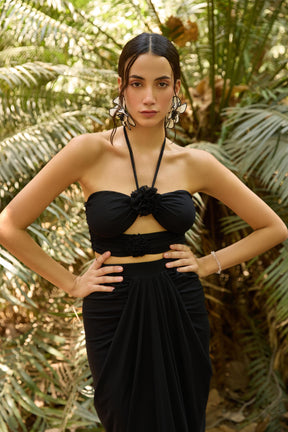 Black Corsage Top and Pre-Draped Skirt Set