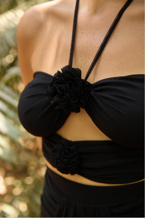 Black Corsage Top and Pre-Draped Skirt Set