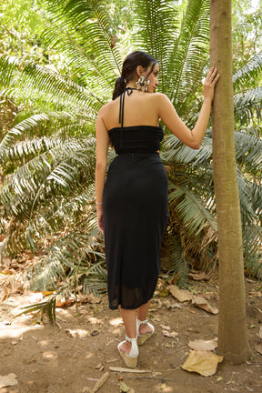 Black Corsage Top and Pre-Draped Skirt Set