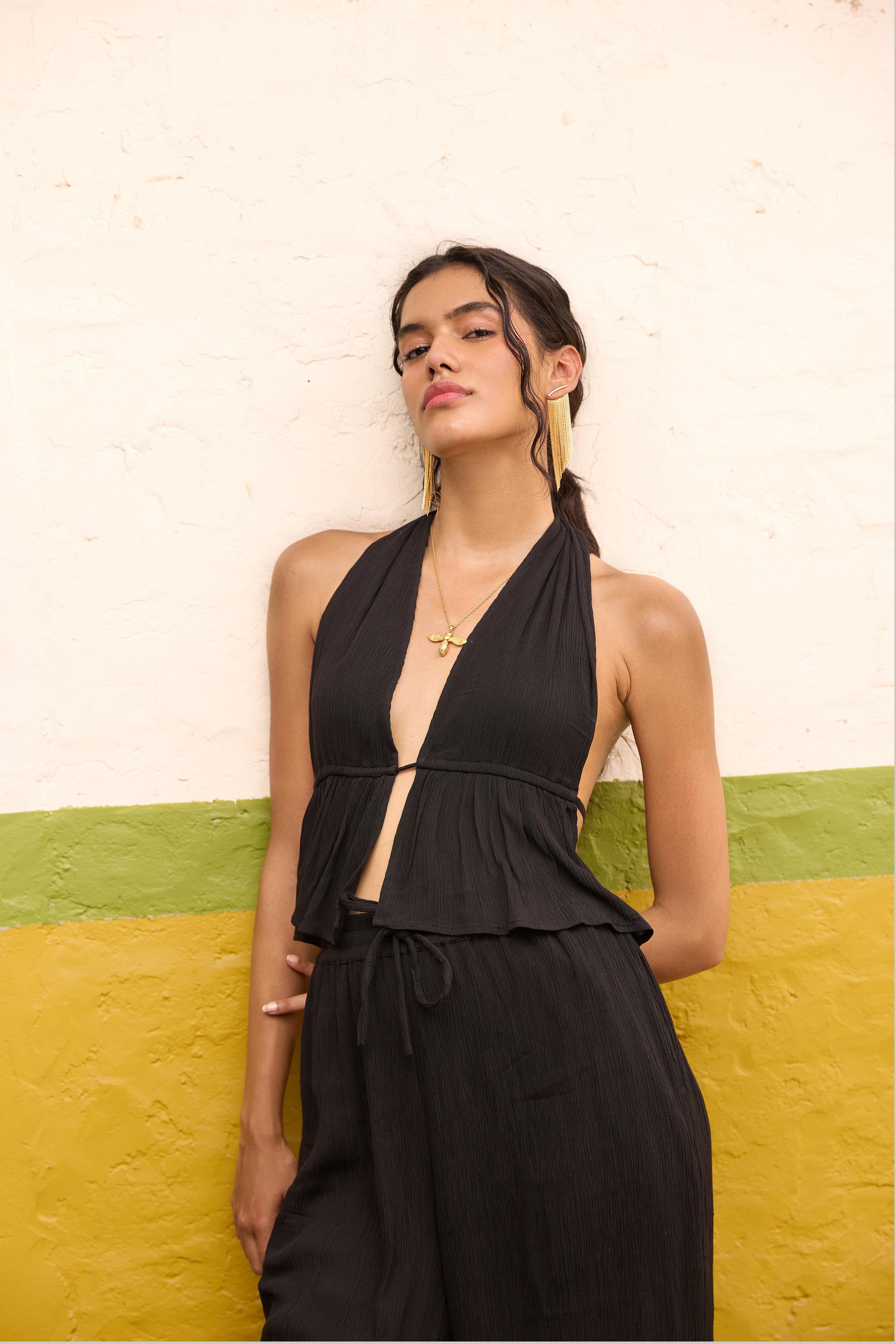Black Halter Neck Top and Straight Trouser Set