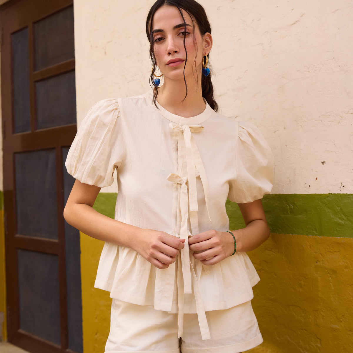 Off White Front Tie-Up Peplum Top