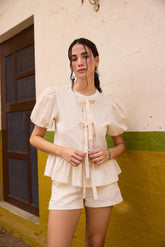 Off White Front Tie-Up Peplum Top