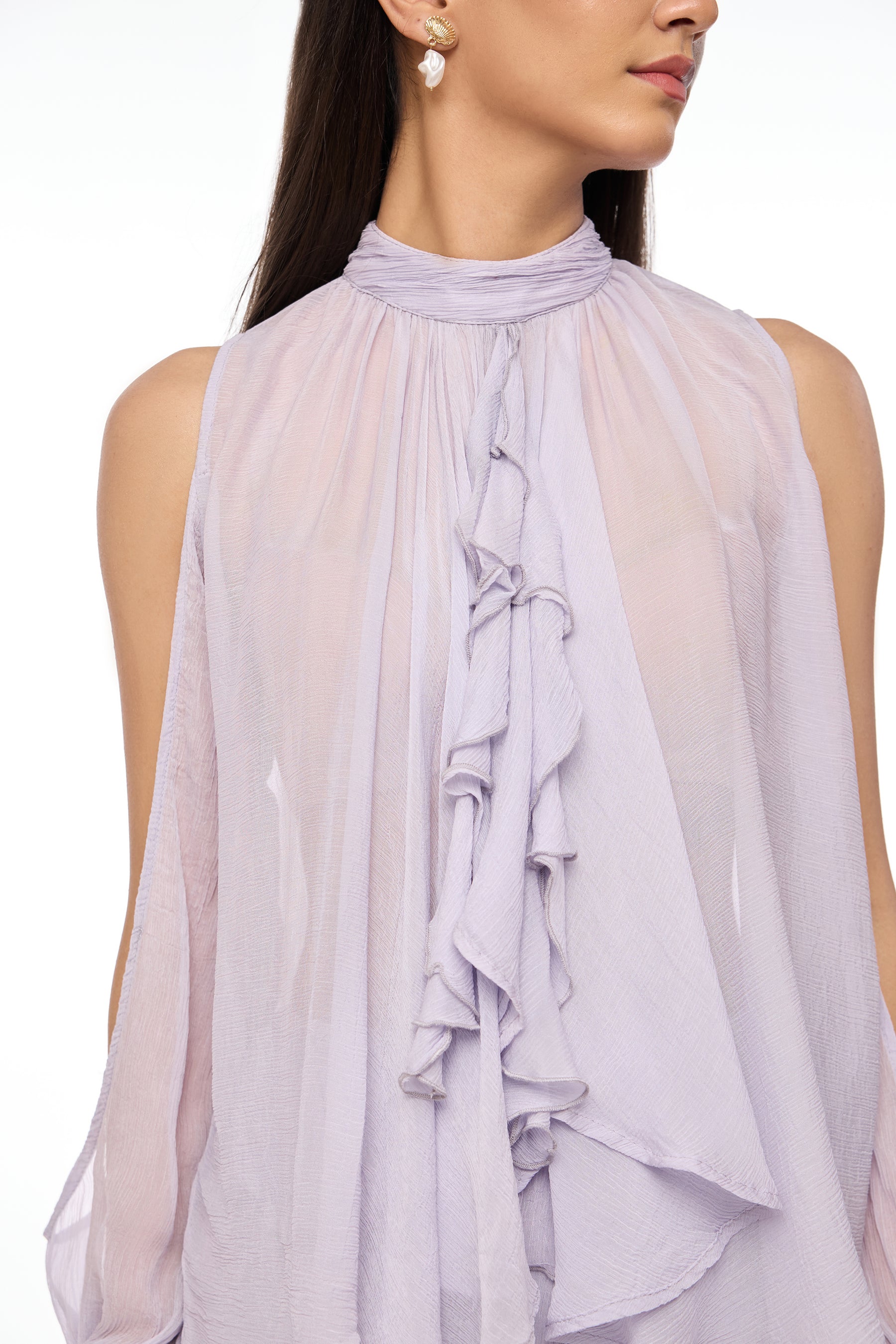 Lavender Ruffle High Neck Open Sleeve Top
