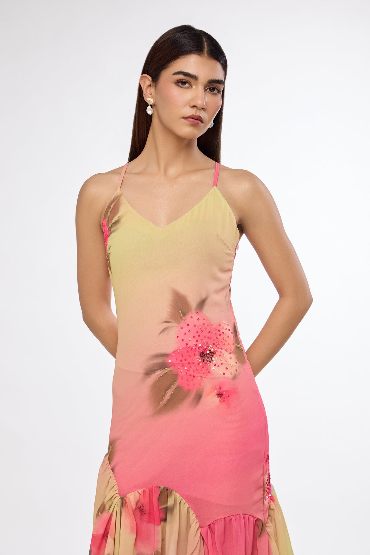 Tropical Bloom Gradient Slip Dress