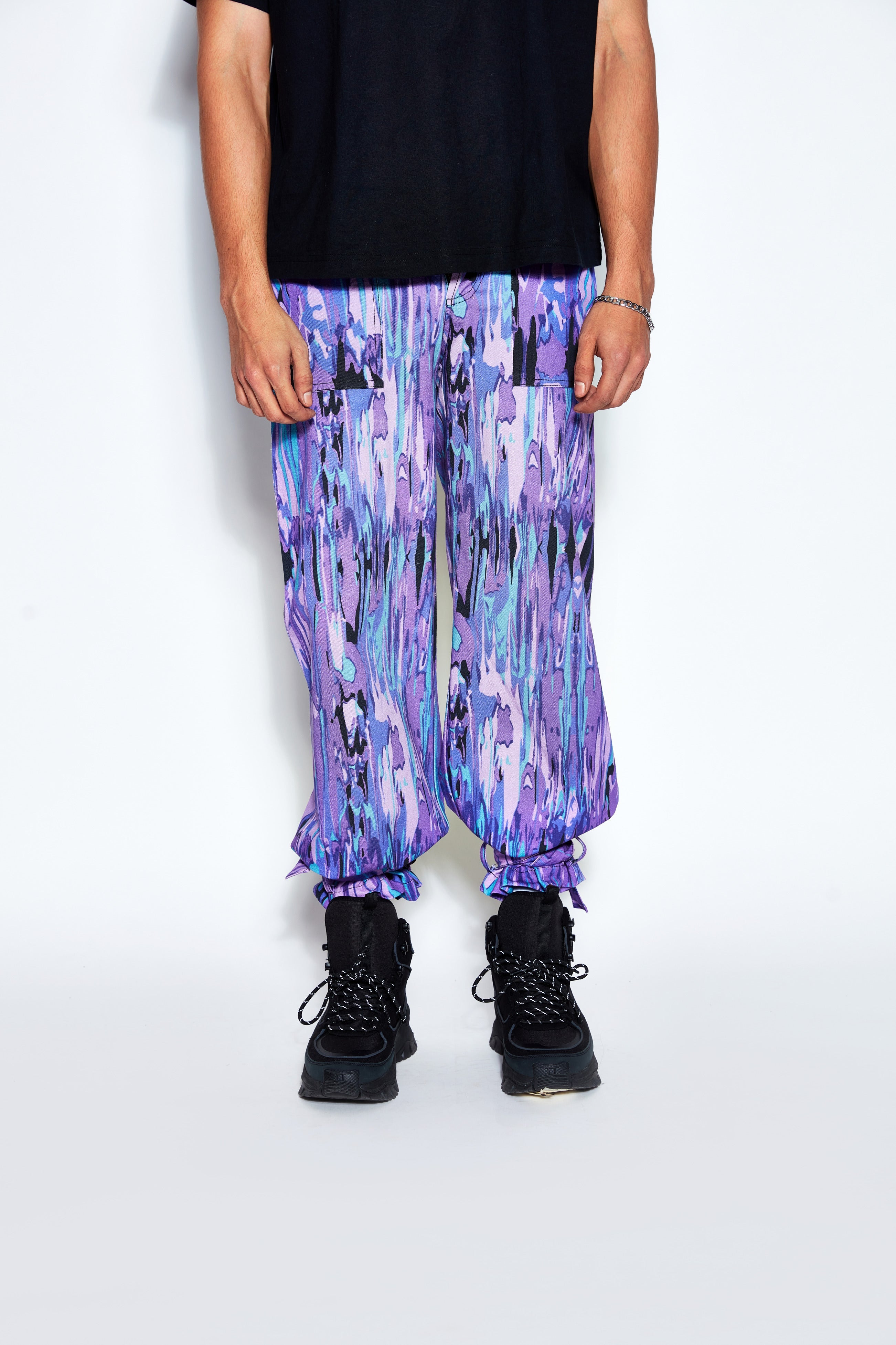 Abstract Print Twill Pants- Purple