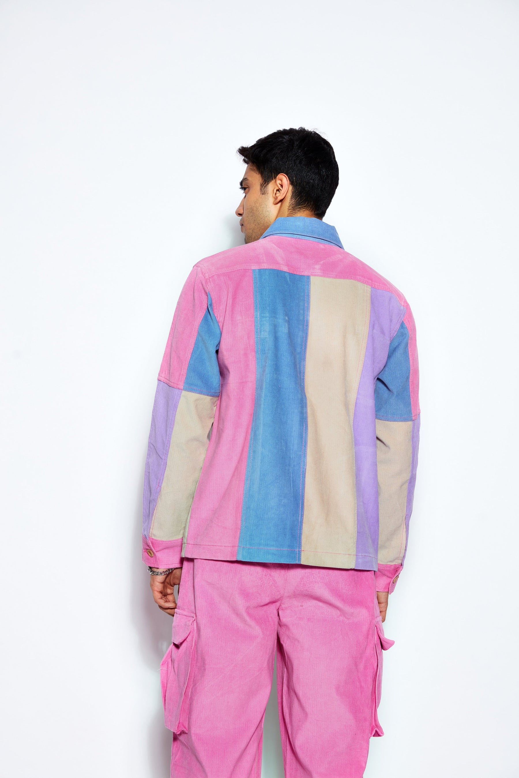 Color-Blocked Corduroy Overshirt and Pant Set