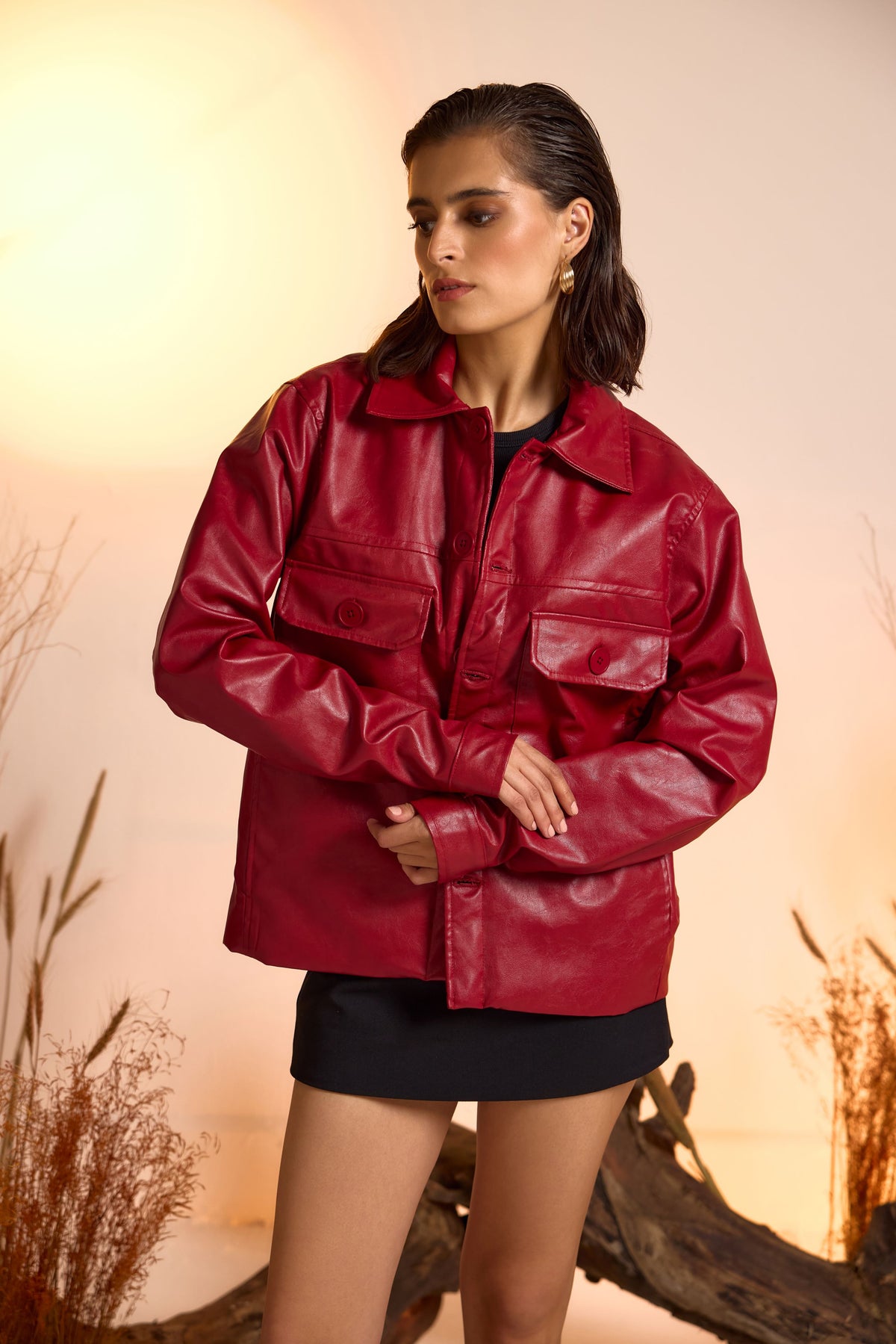 Faux Leather Utility Jacket-Cherry Red