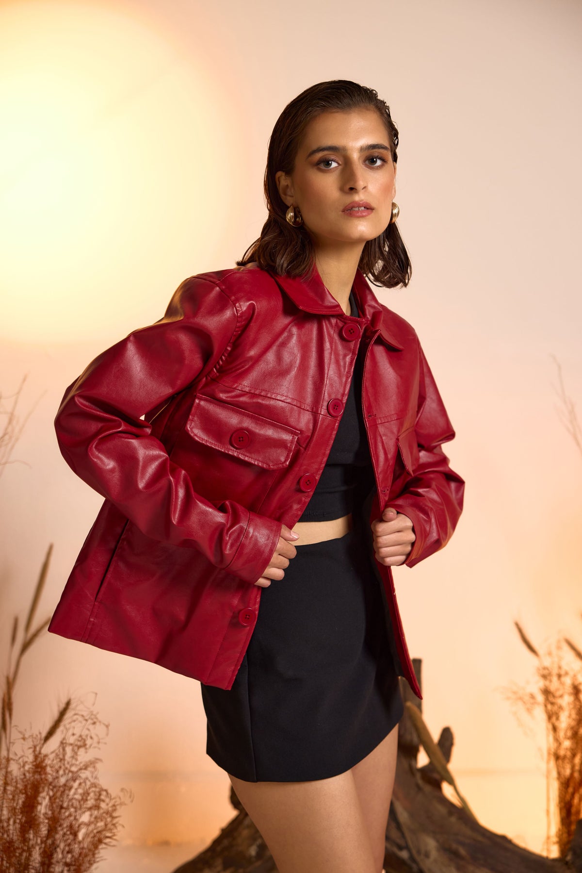 Faux Leather Utility Jacket-Cherry Red