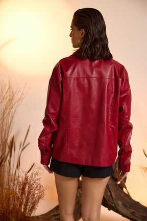 Faux Leather Utility Jacket-Cherry Red