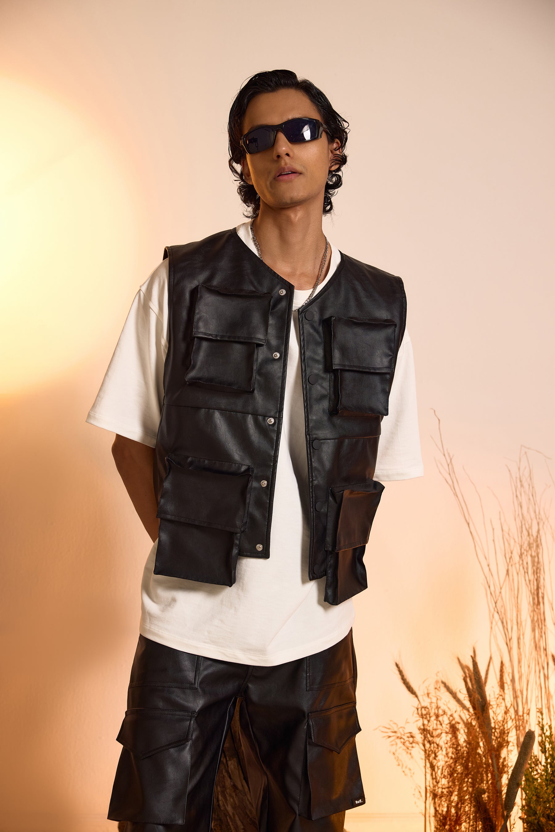 Faux Leather Oversized Gilet Jacket-Men - Main Image