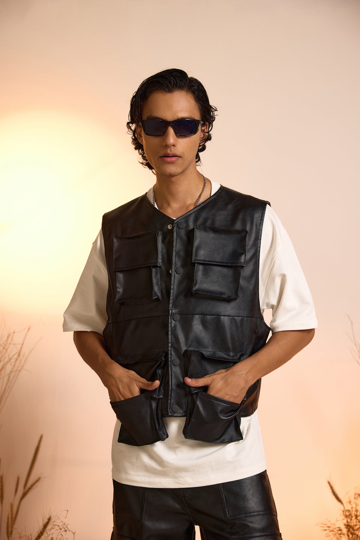 Faux Leather Oversized Gilet Jacket-Men