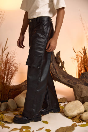 Faux Leather Cargo Pant-Black