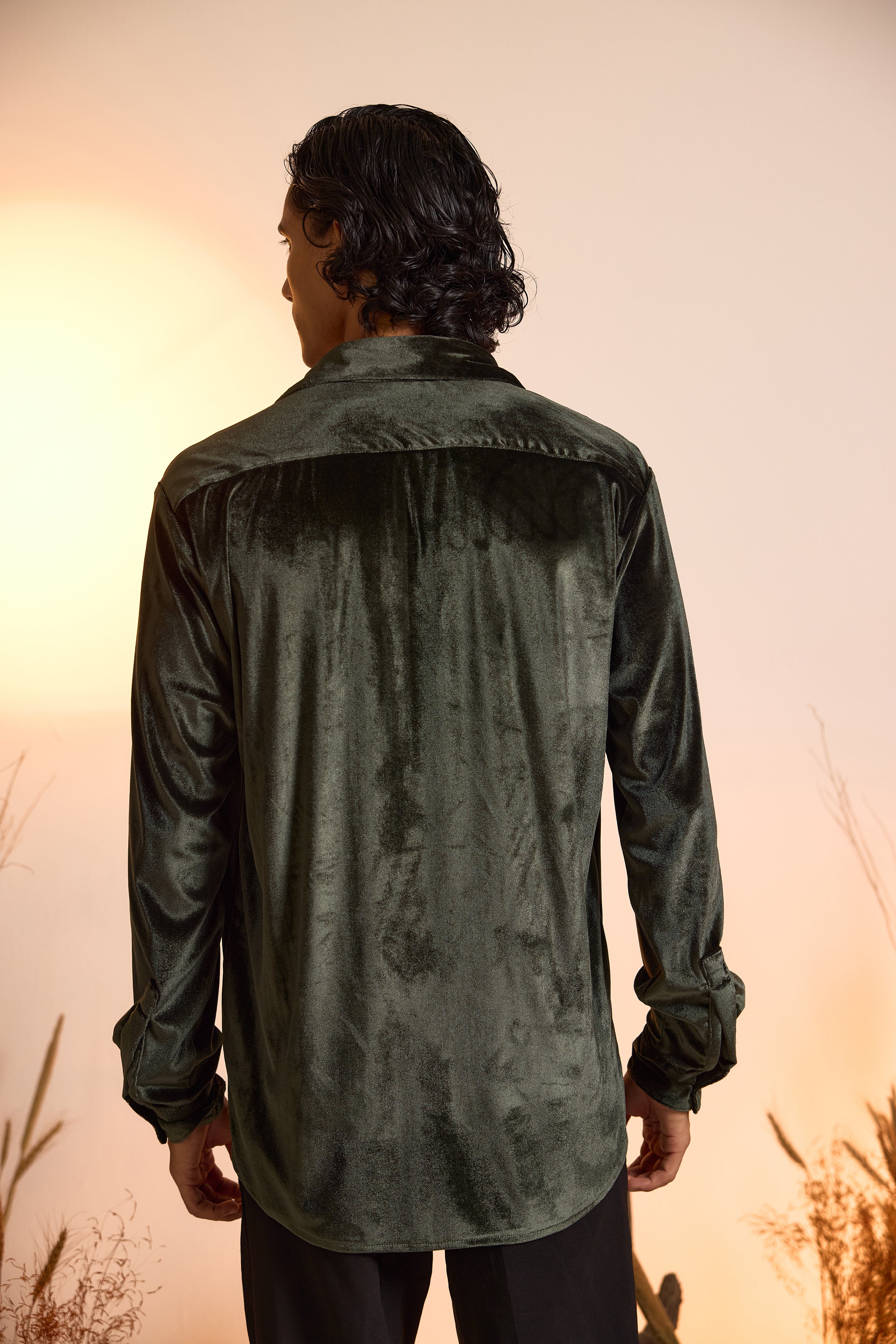 Velvet Oversized Shirt-Green-Men