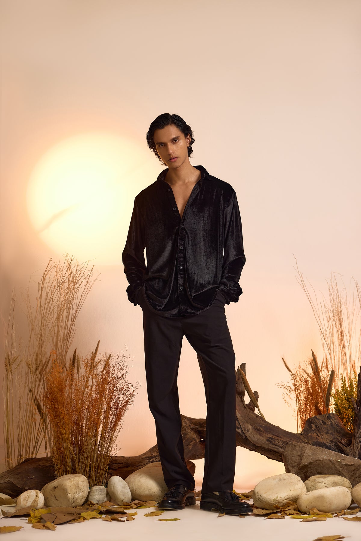 Velvet Oversized Shirt-Black-Men