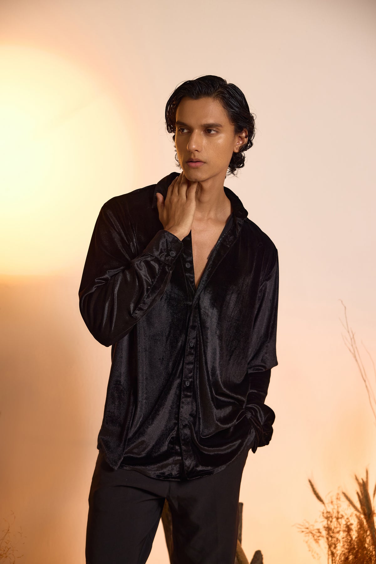 Velvet Oversized Shirt-Black-Men