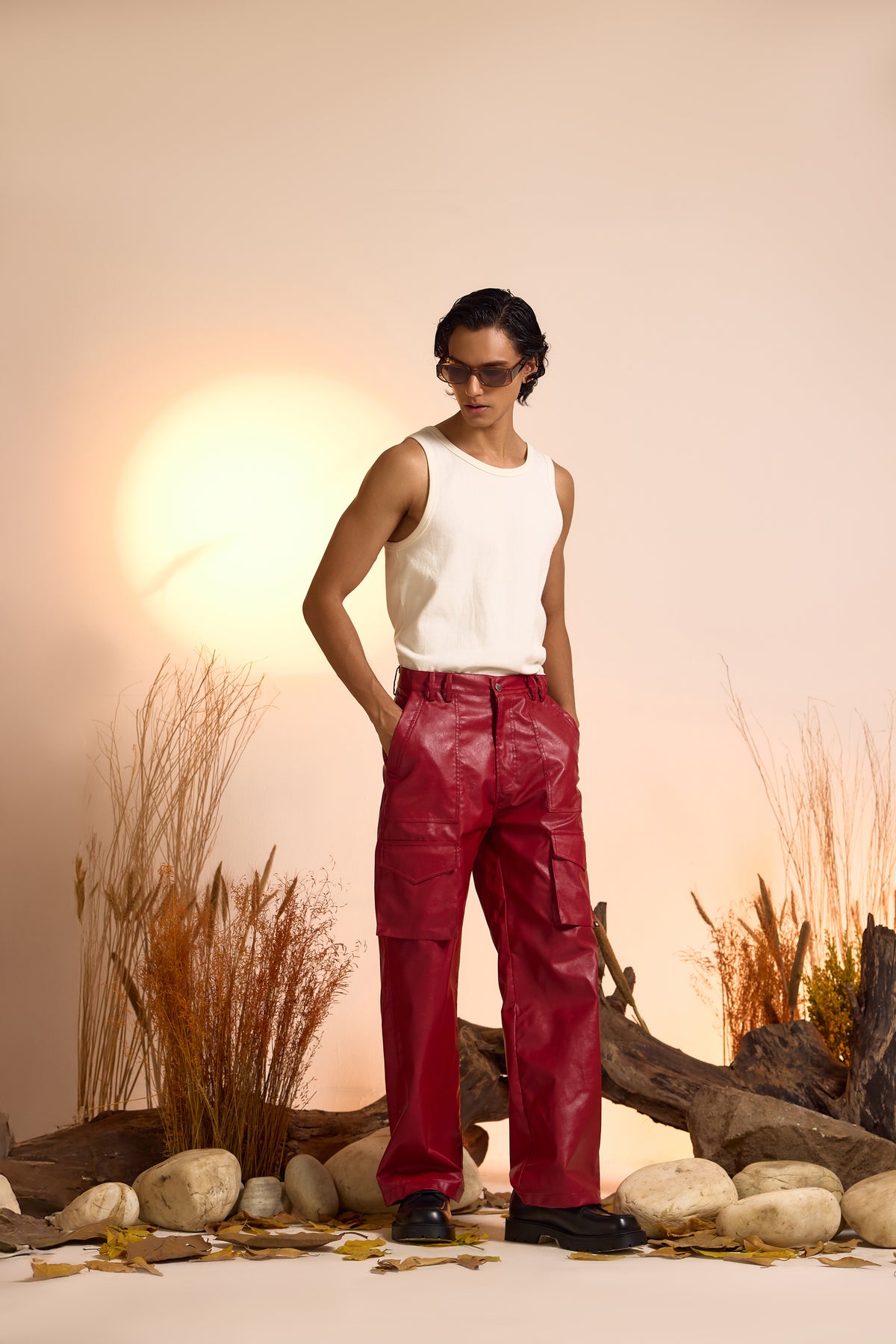 Straight Fit Faux Leather Cargo Pant-Cherry Red-Men