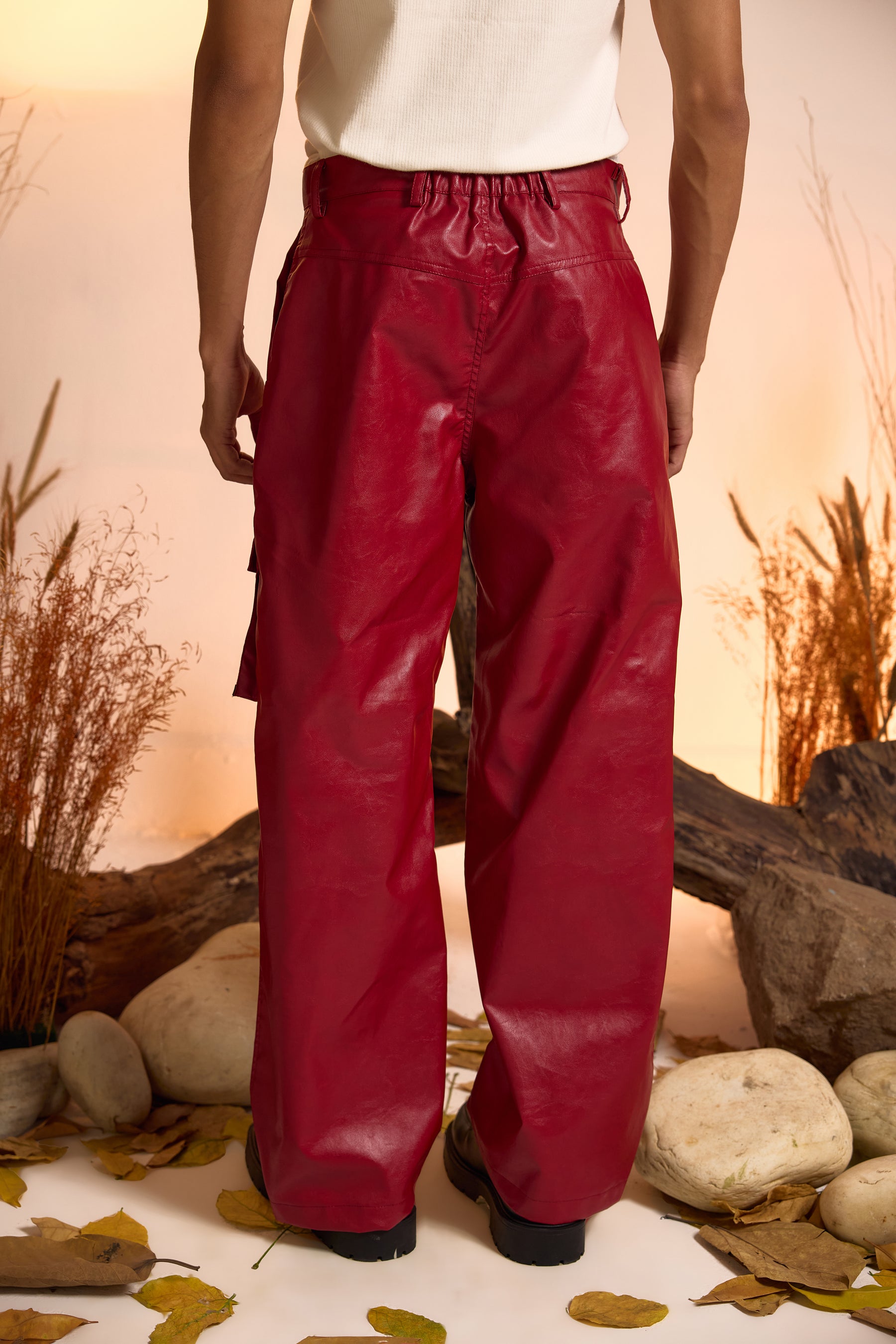 Straight Fit Faux Leather Cargo Pant-Cherry Red-Men