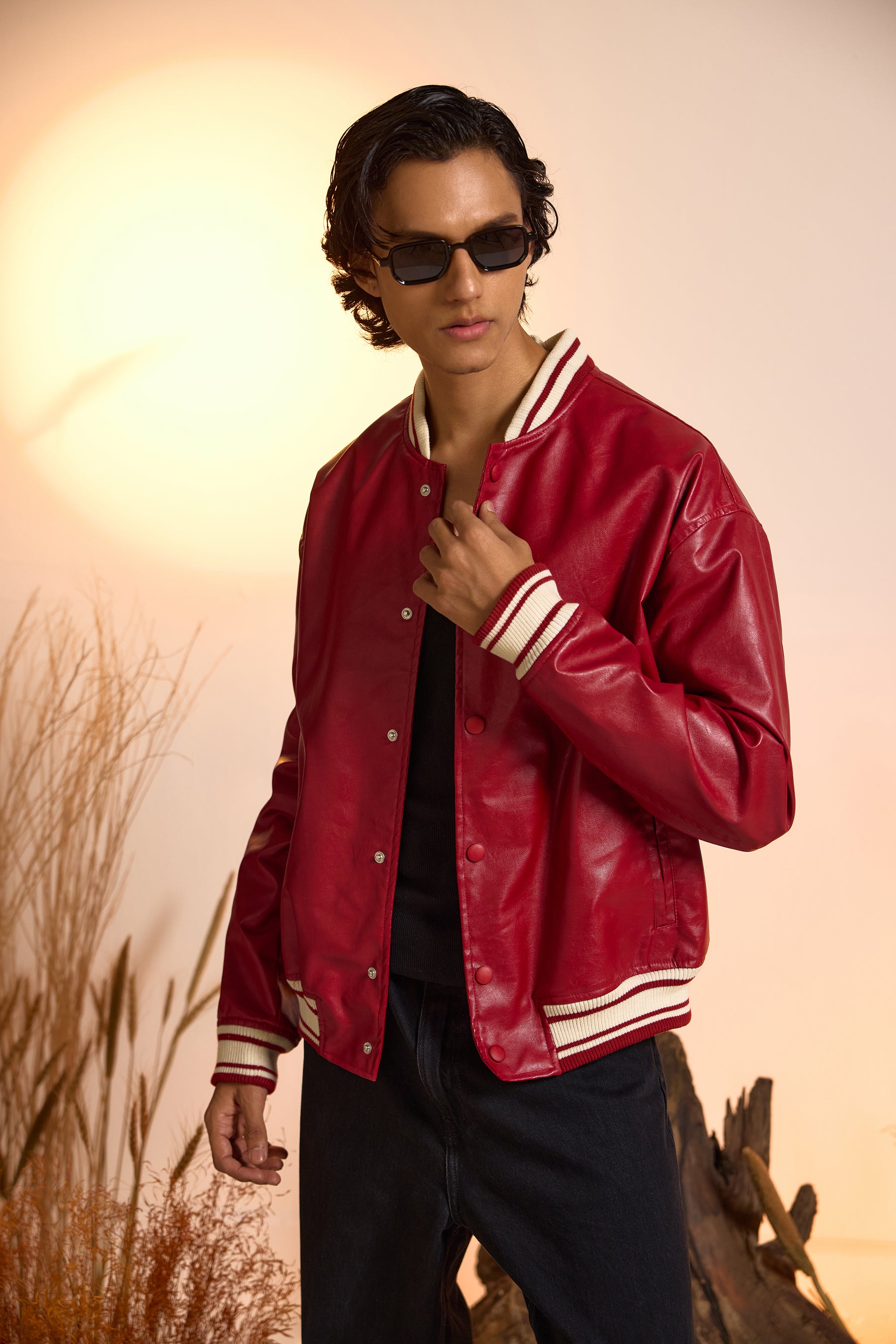 Varsity Snap Jacket-Cherry Red