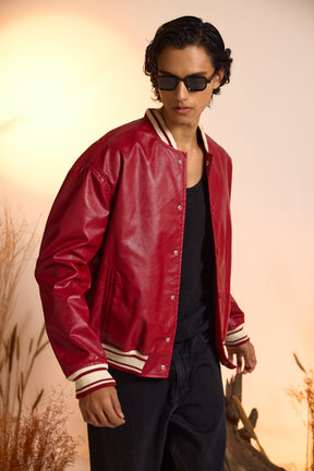 Varsity Snap Jacket-Cherry Red