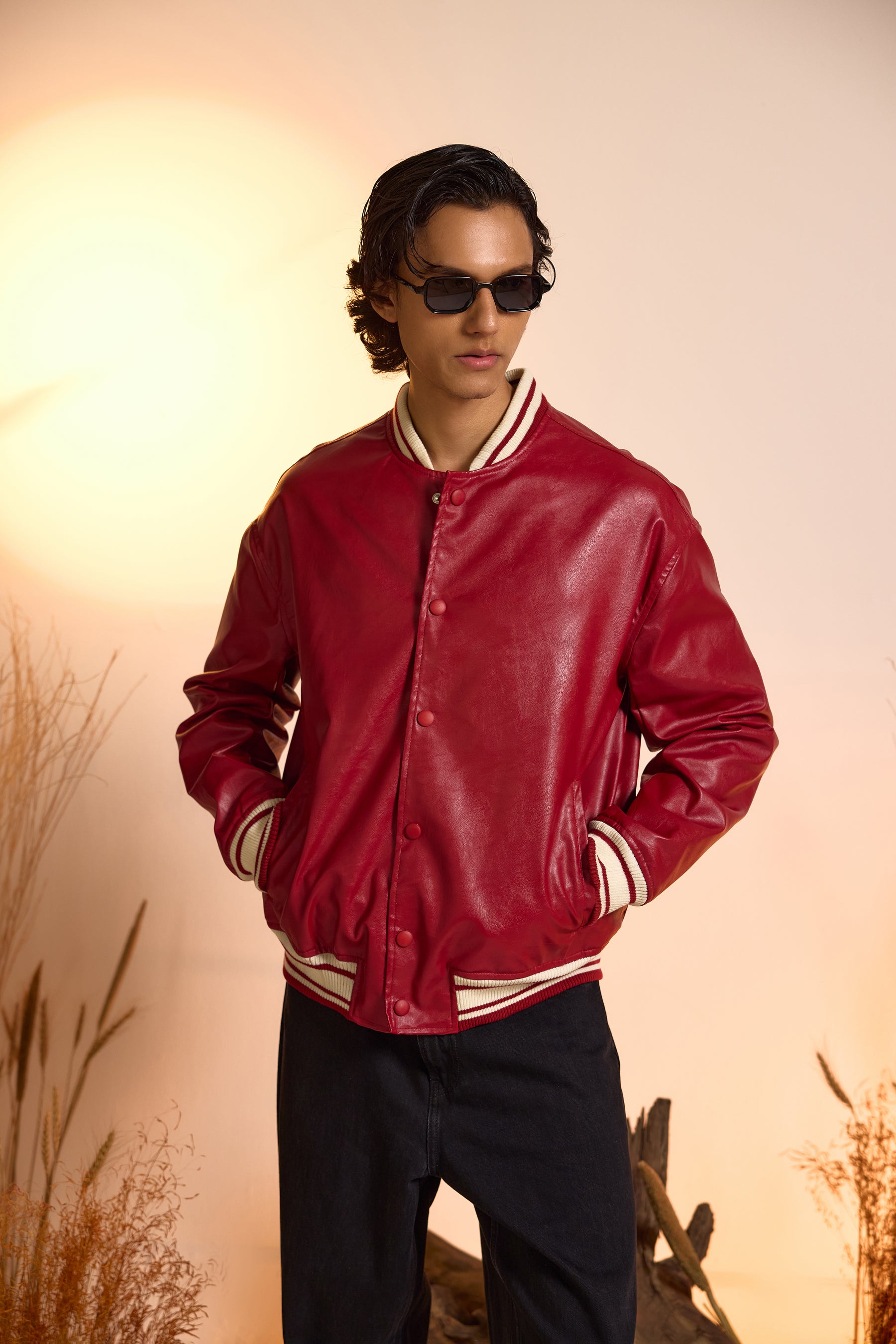 Varsity Snap Jacket-Cherry Red