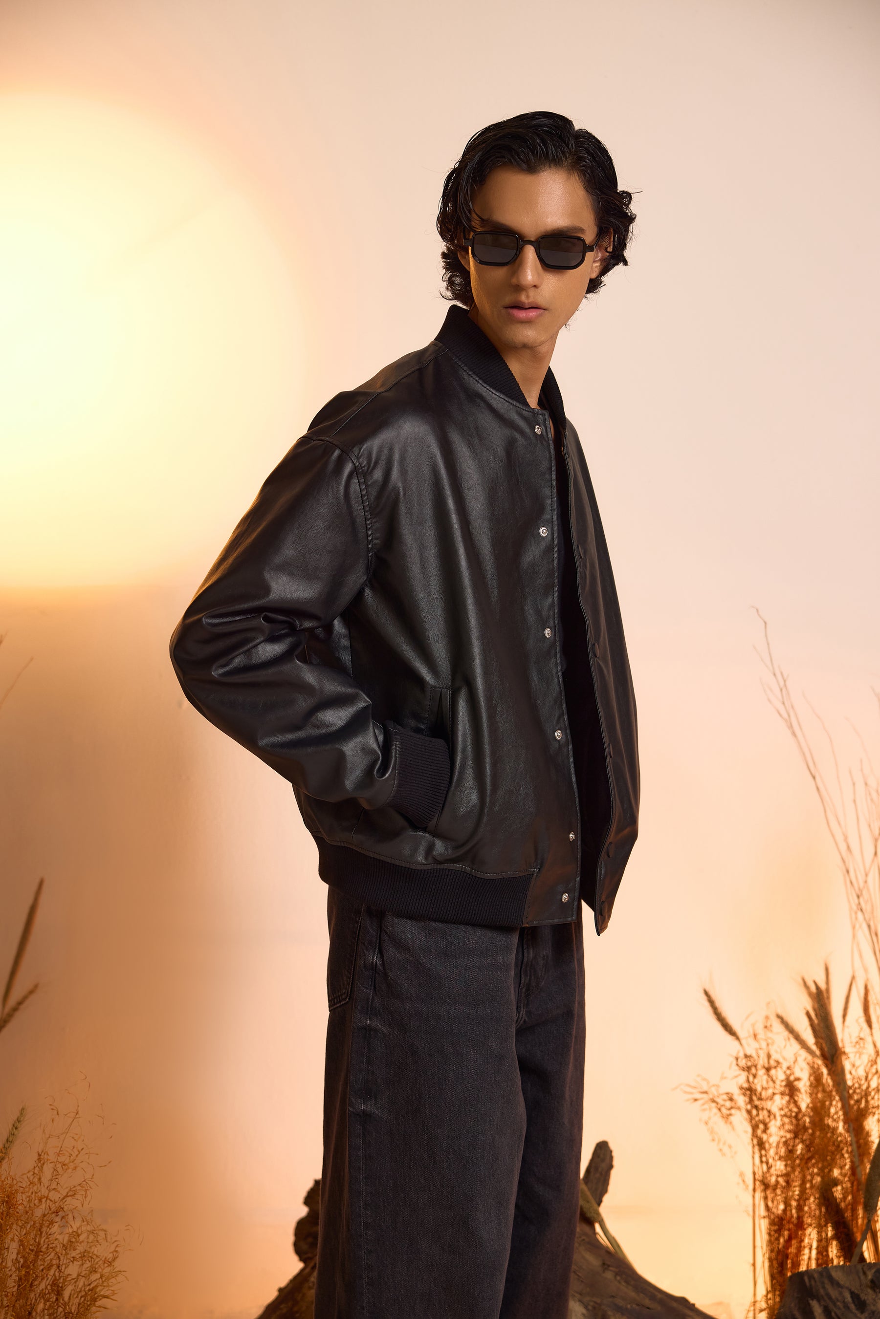 Black Faux Leather Oversized Bomber Jacket - Main Image