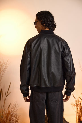 Black Faux Leather Oversized Bomber Jacket