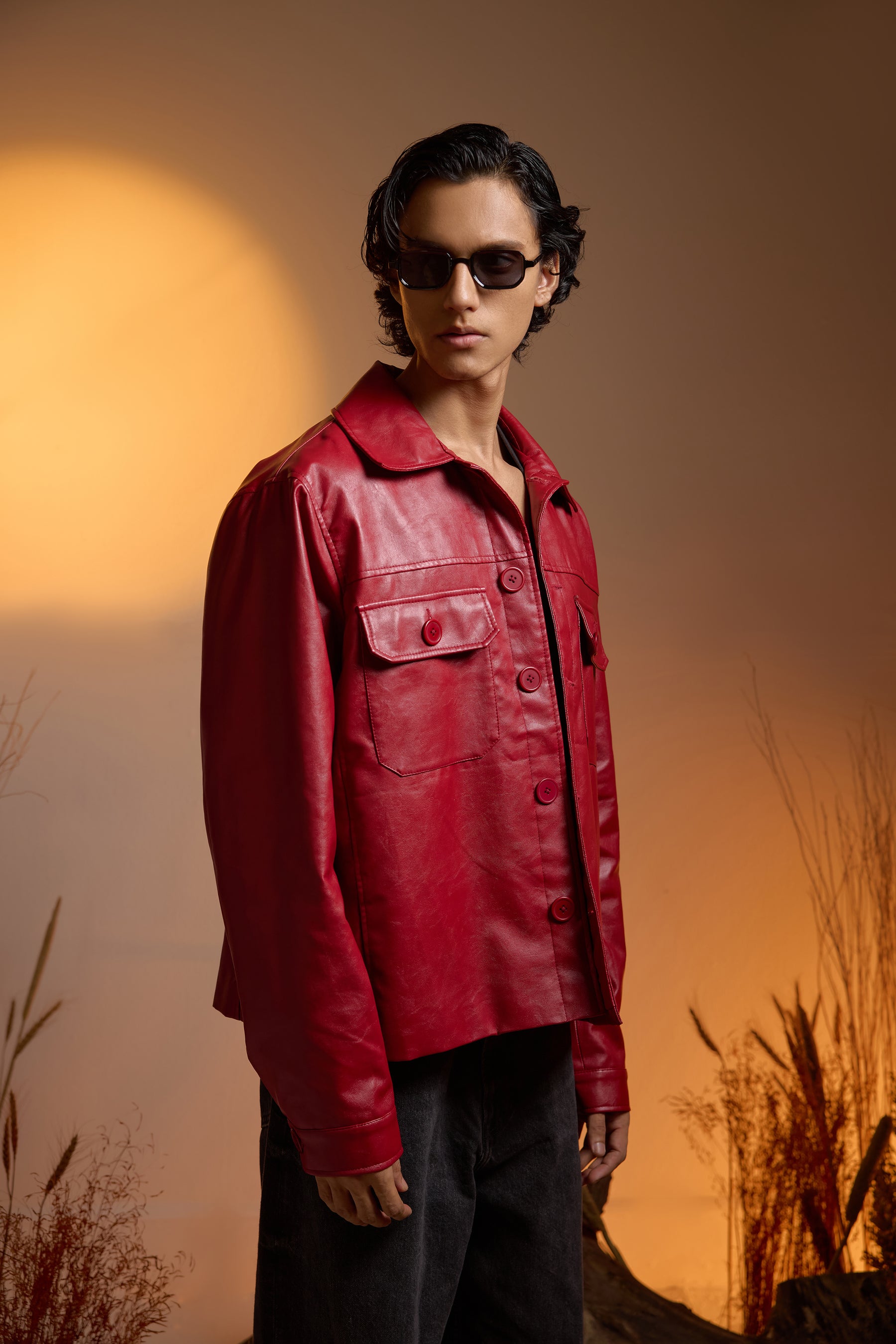 Utility Oversized Faux Leather Jacket-Cherry Red