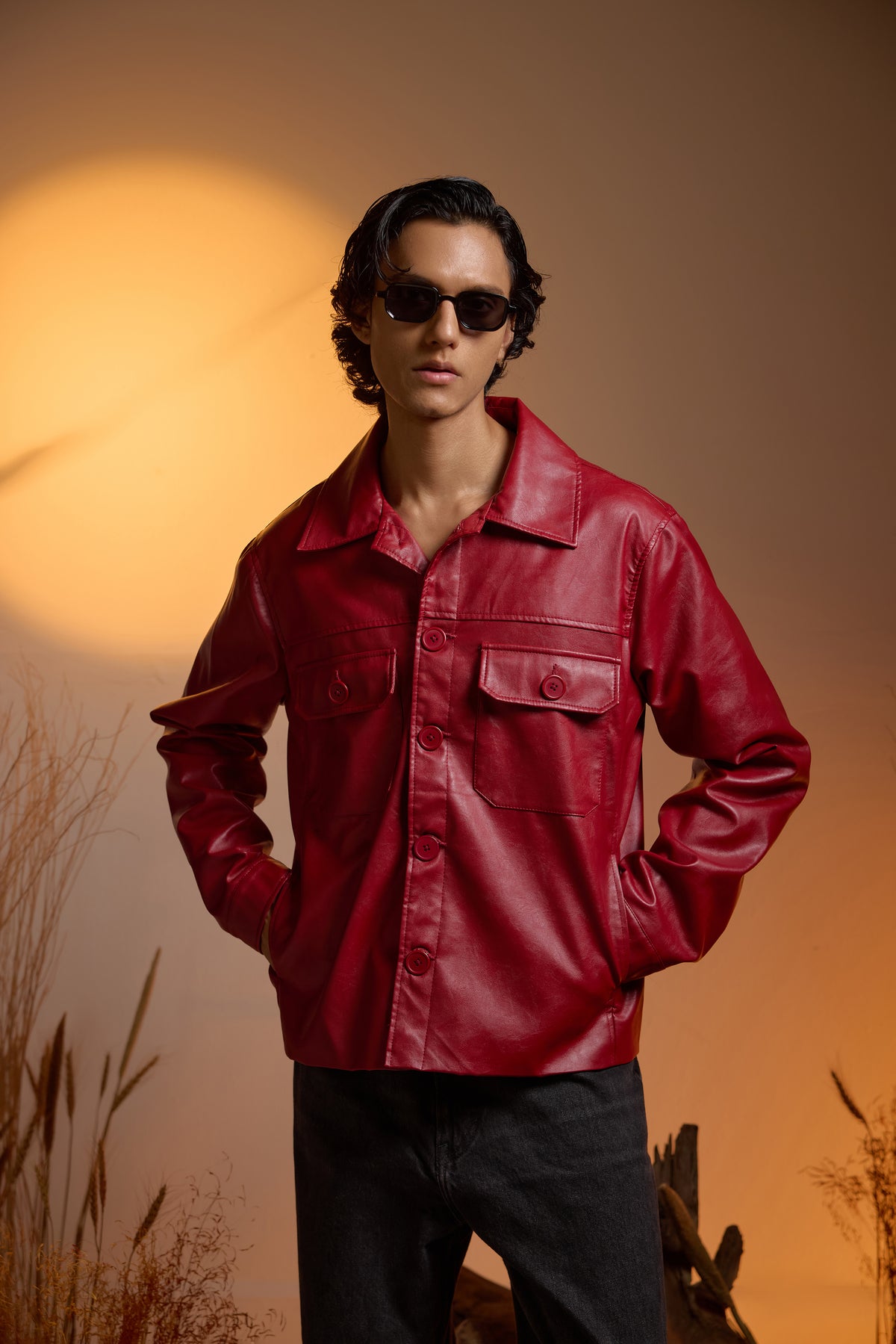 Utility Oversized Faux Leather Jacket-Cherry Red-Men