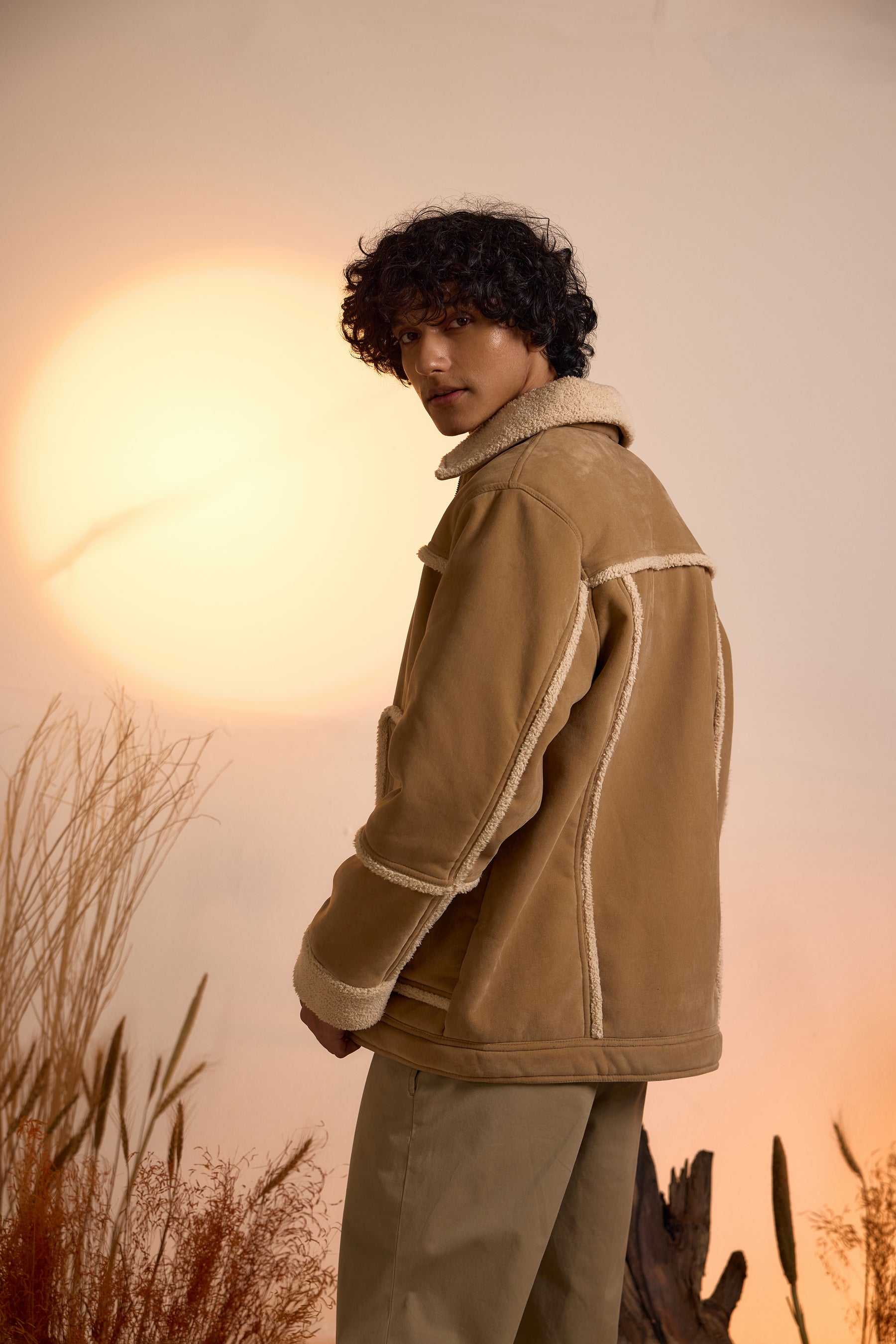 Suede Oversized Shearling Jacket-Men