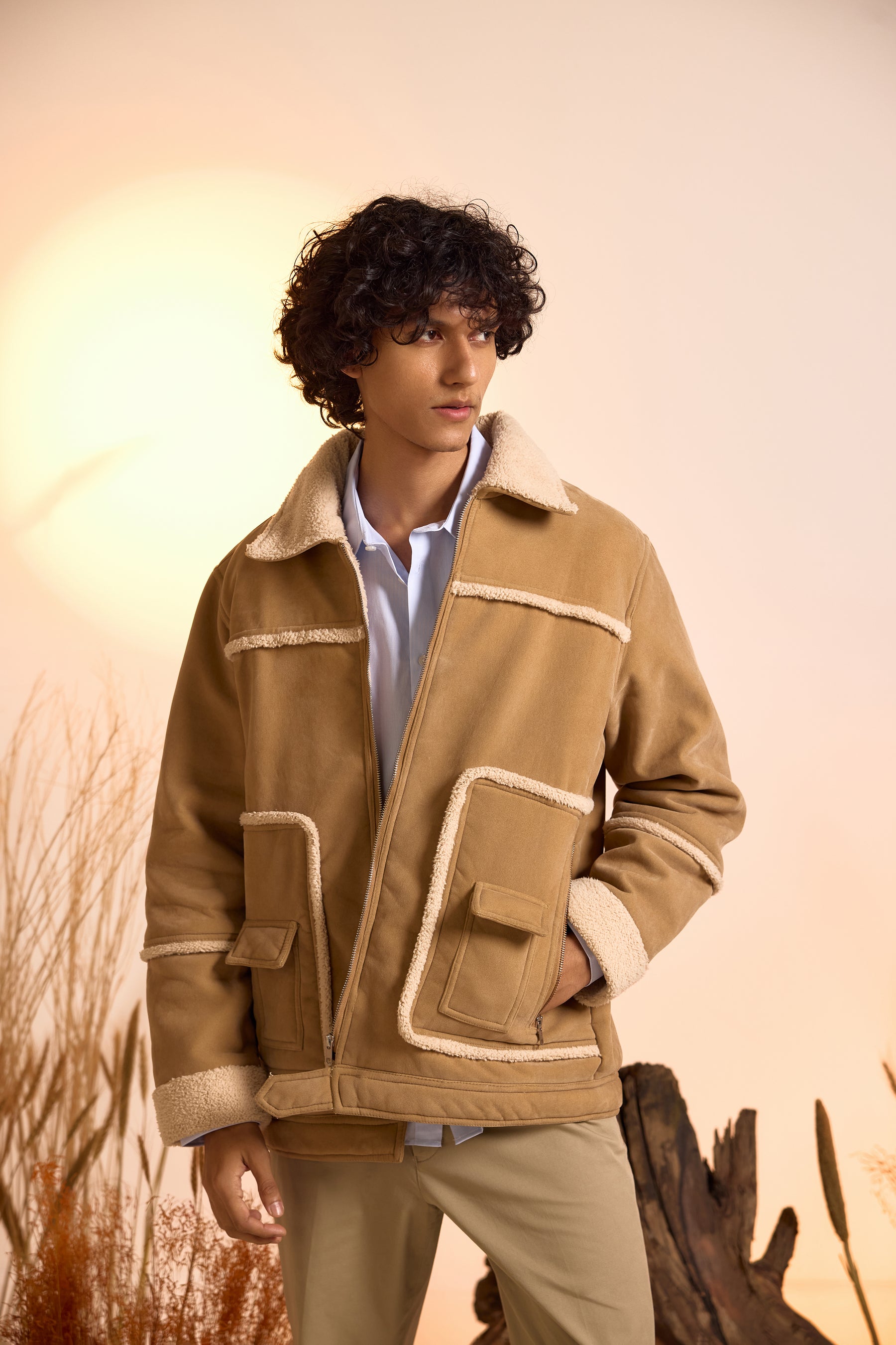 Suede Oversized Shearling Jacket-Men