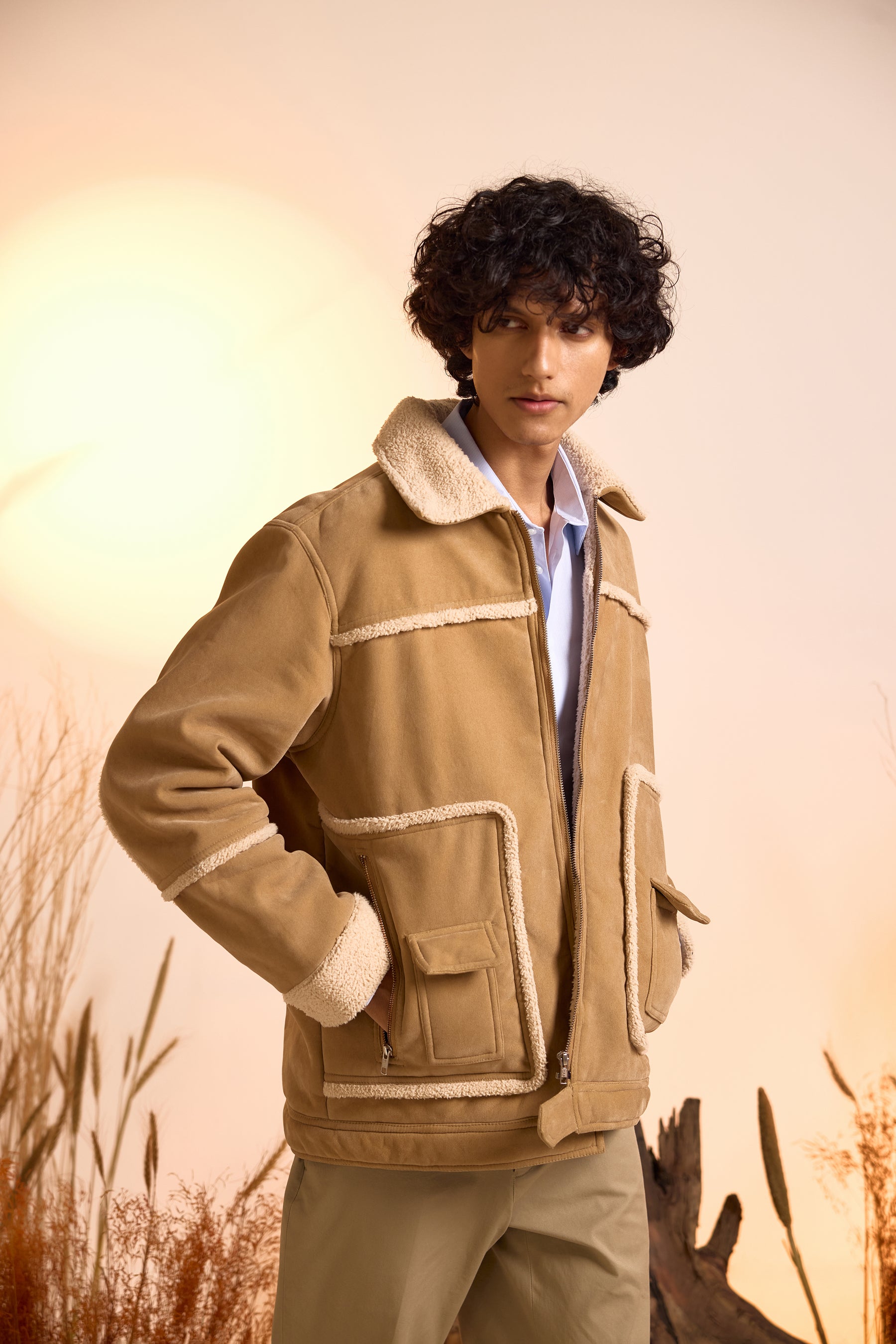 Suede Oversized Shearling Jacket-Men