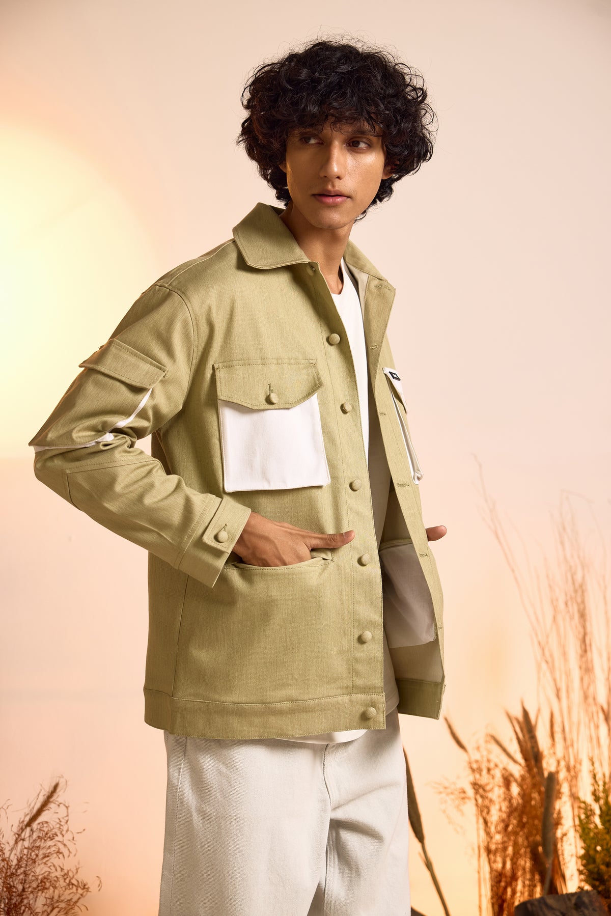 Color-Blocked Oversized Utility Jacket-Green