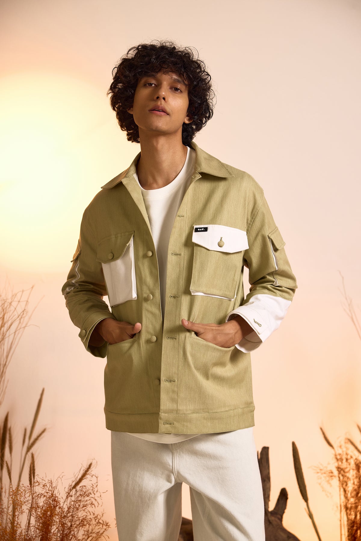 Color-Blocked Oversized Utility Jacket-Green-Men