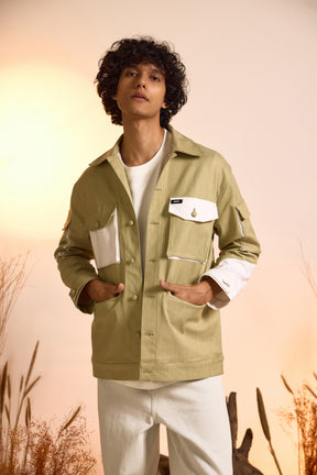 Color-Blocked Oversized Utility Jacket-Green