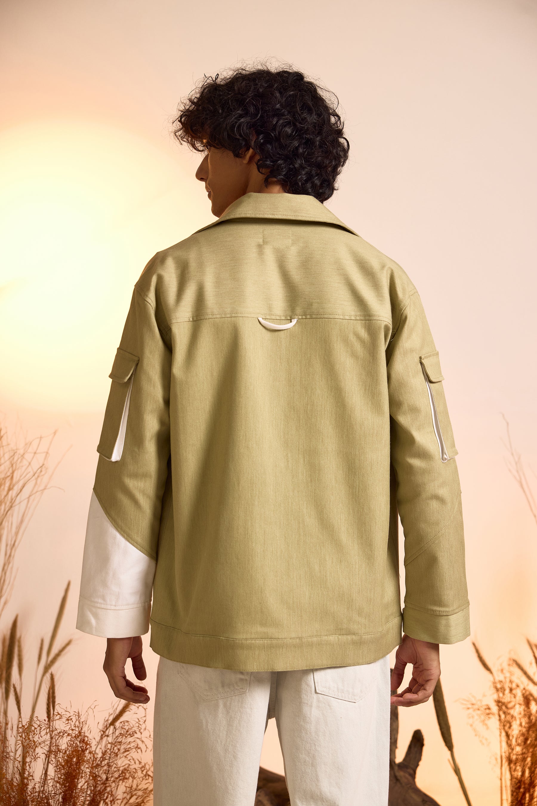 Color-Blocked Oversized Utility Jacket-Green