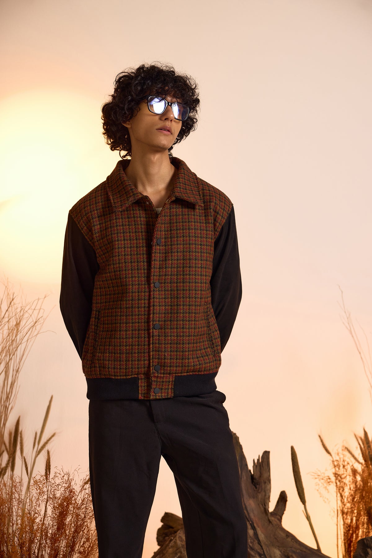 Wool Houndstooth Bomber with Suede Colorblock Sleeves-Men