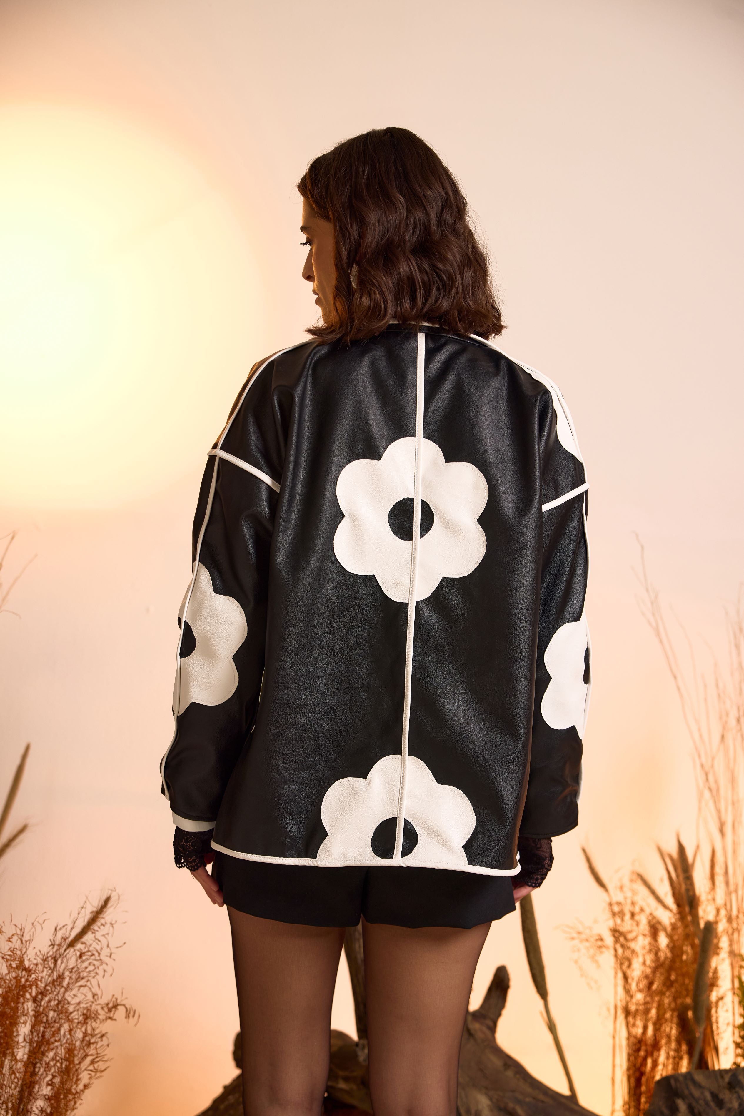 Flower Applique Faux Leather Jacket