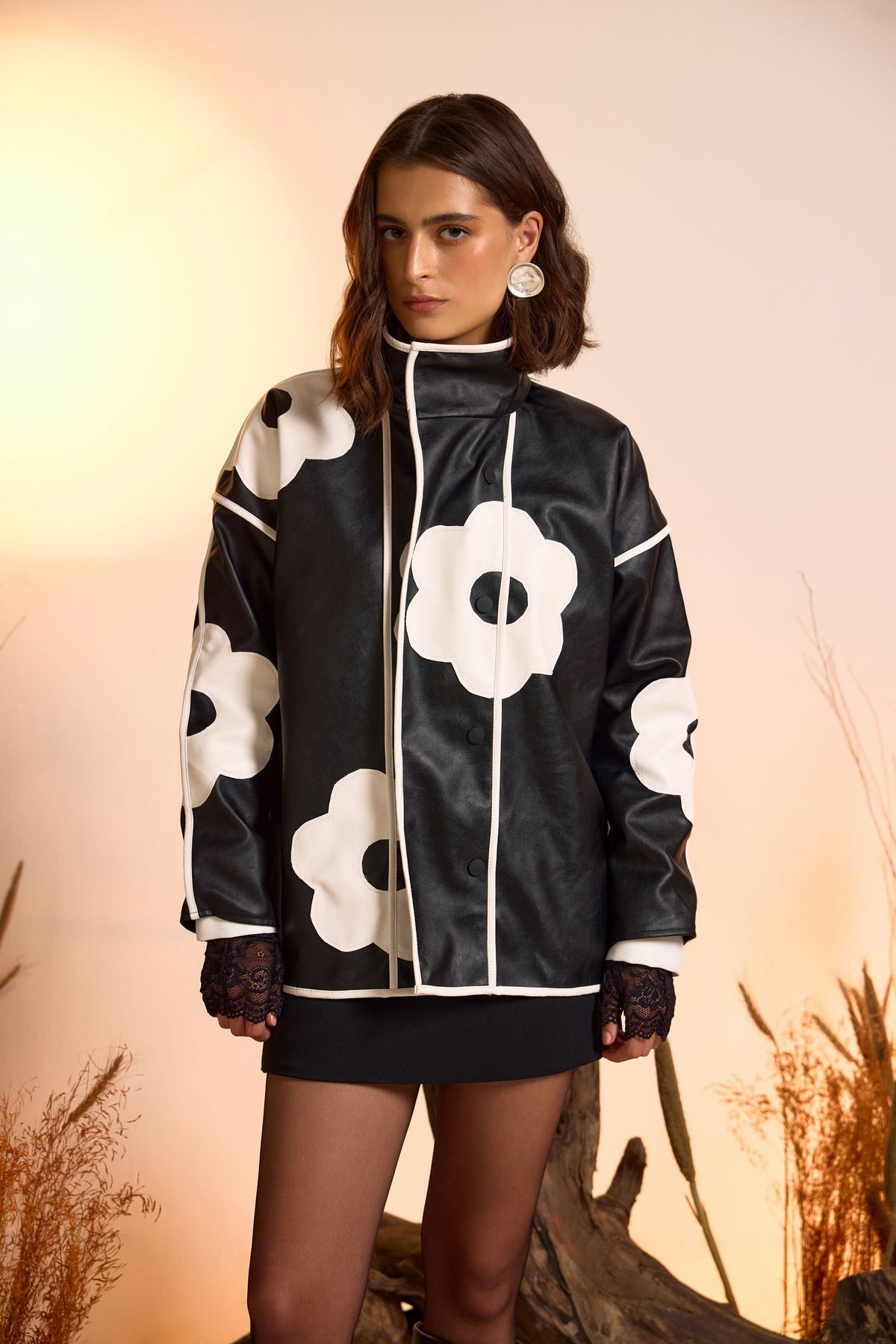 Flower Applique Faux Leather Jacket