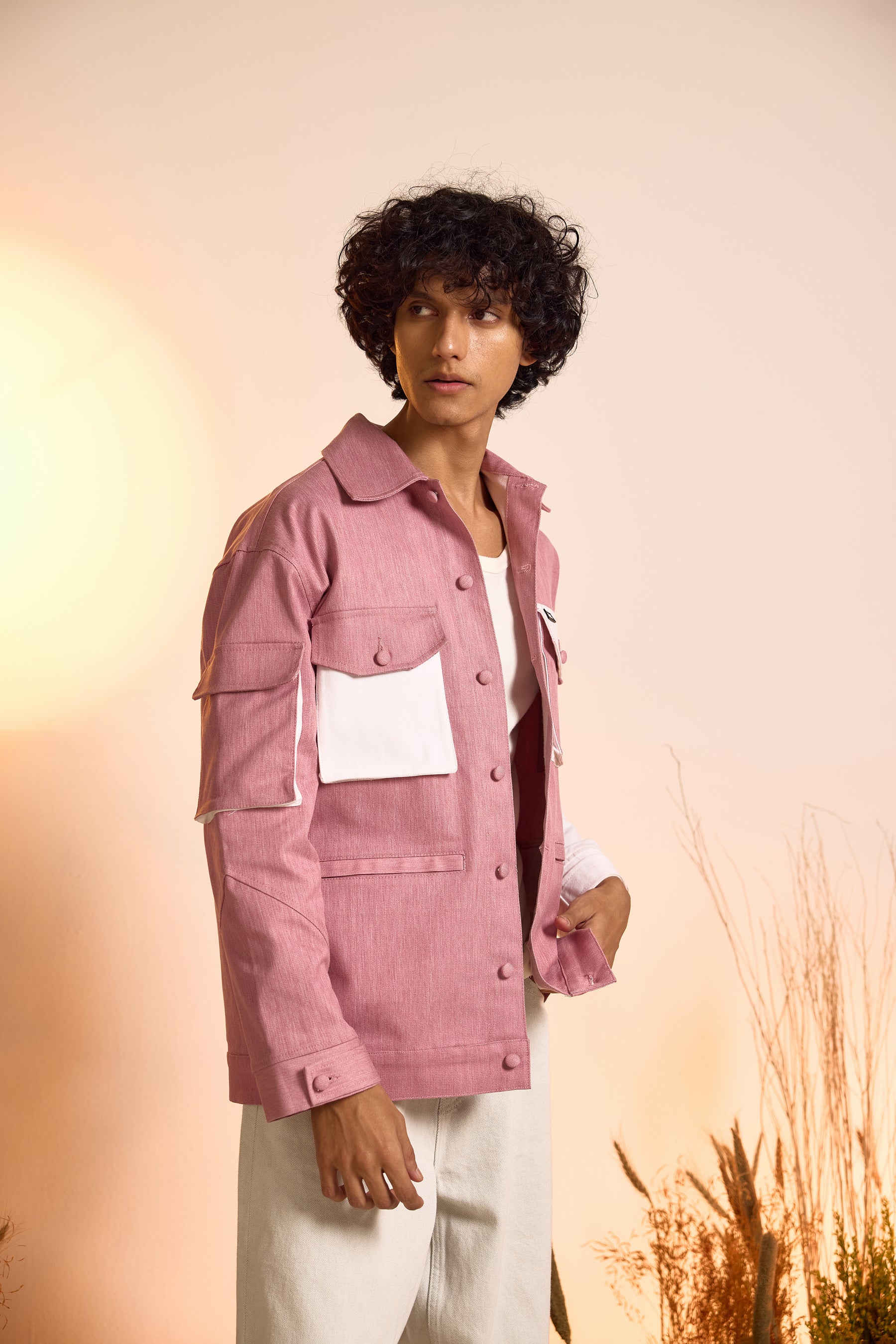 Color-Blocked Oversized Utility Jacket-pink