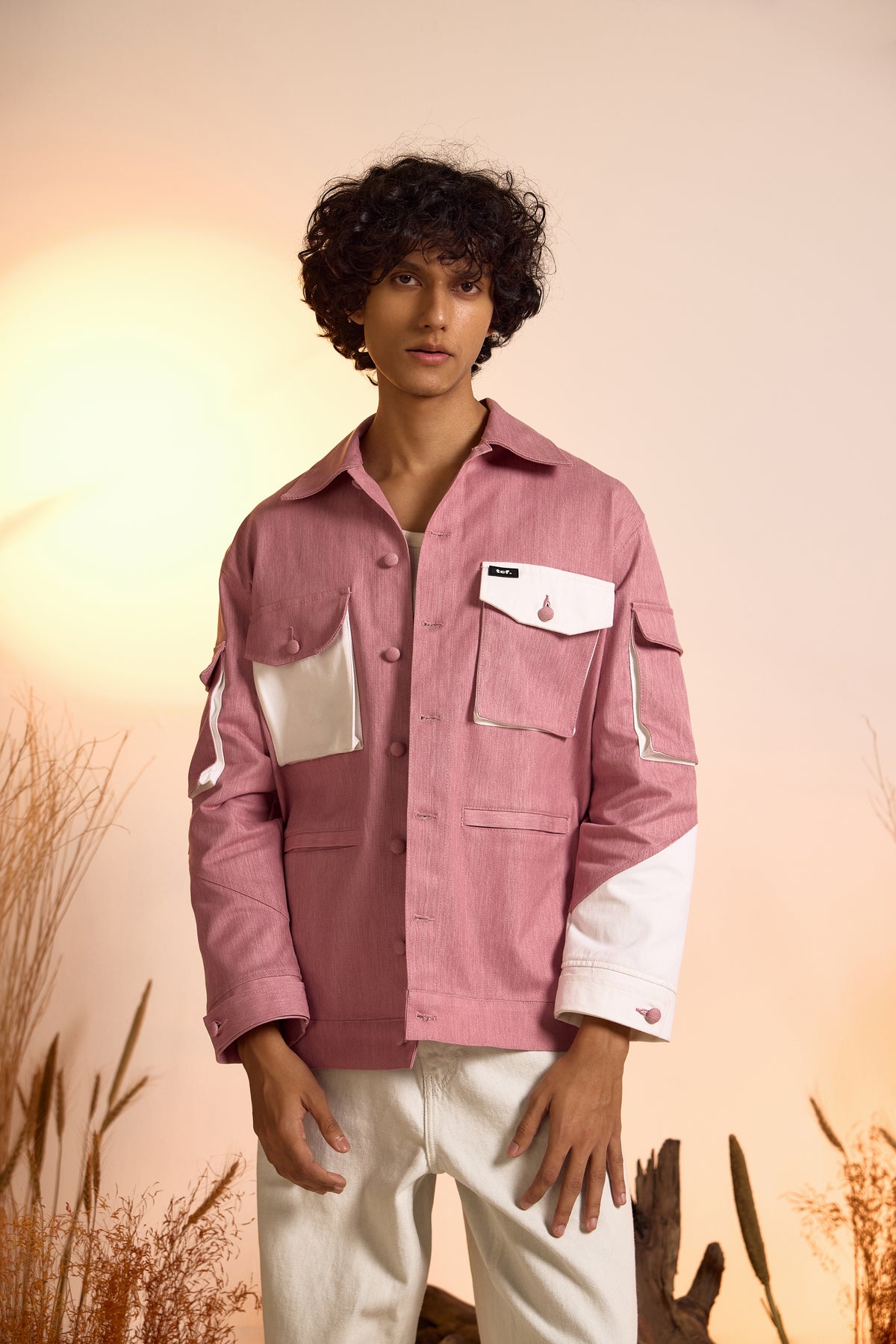 Color-Blocked Oversized Utility Jacket-Pink-Men