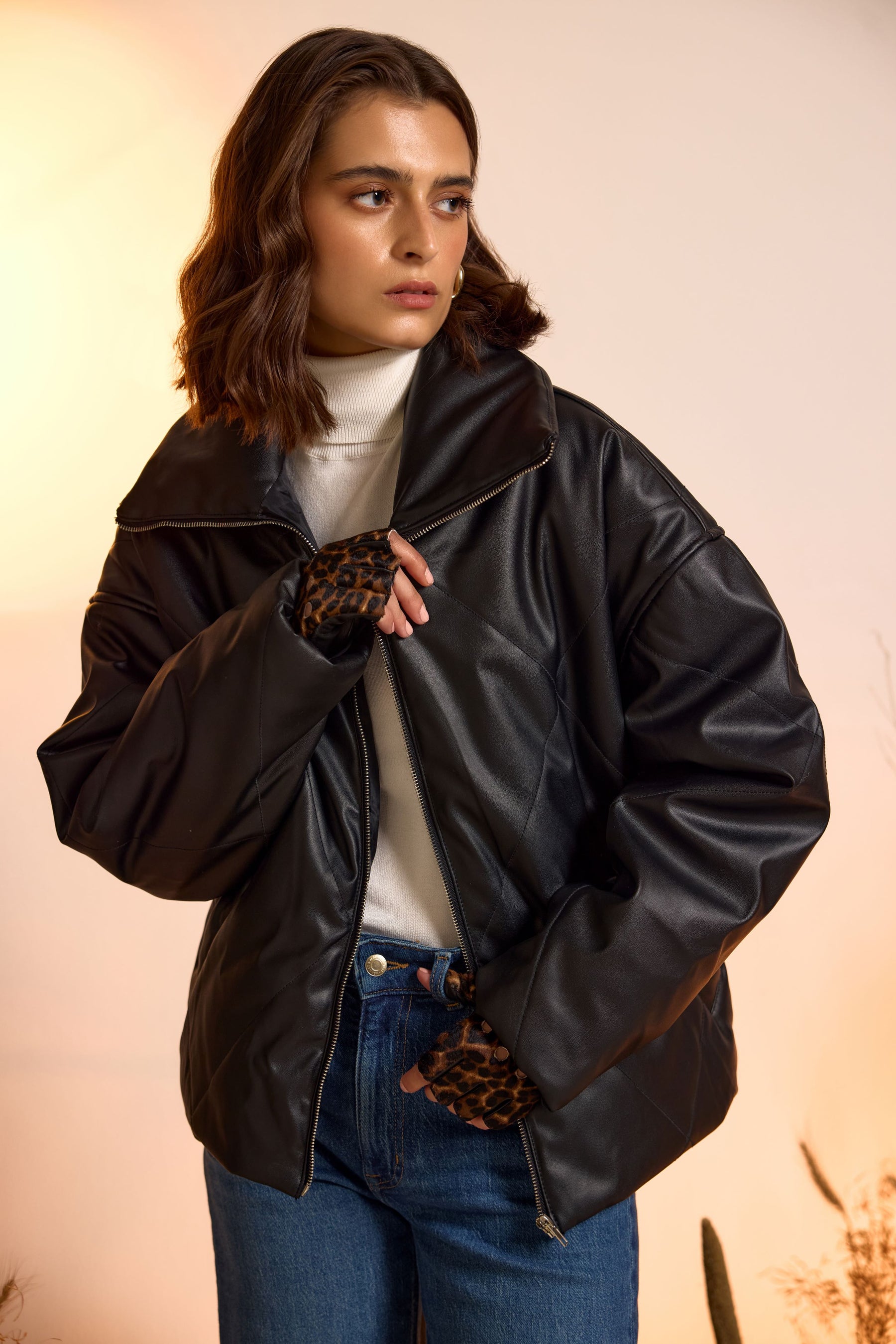Buy Quilted Faux Leather Puffer Jacket for Women Online