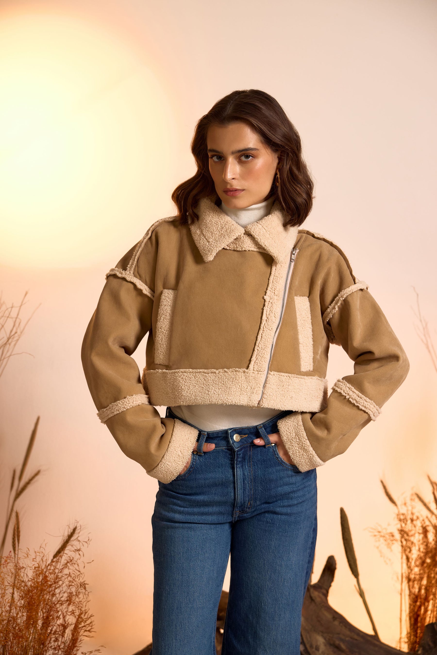 Notch Lapel Cropped Shearling Jacket