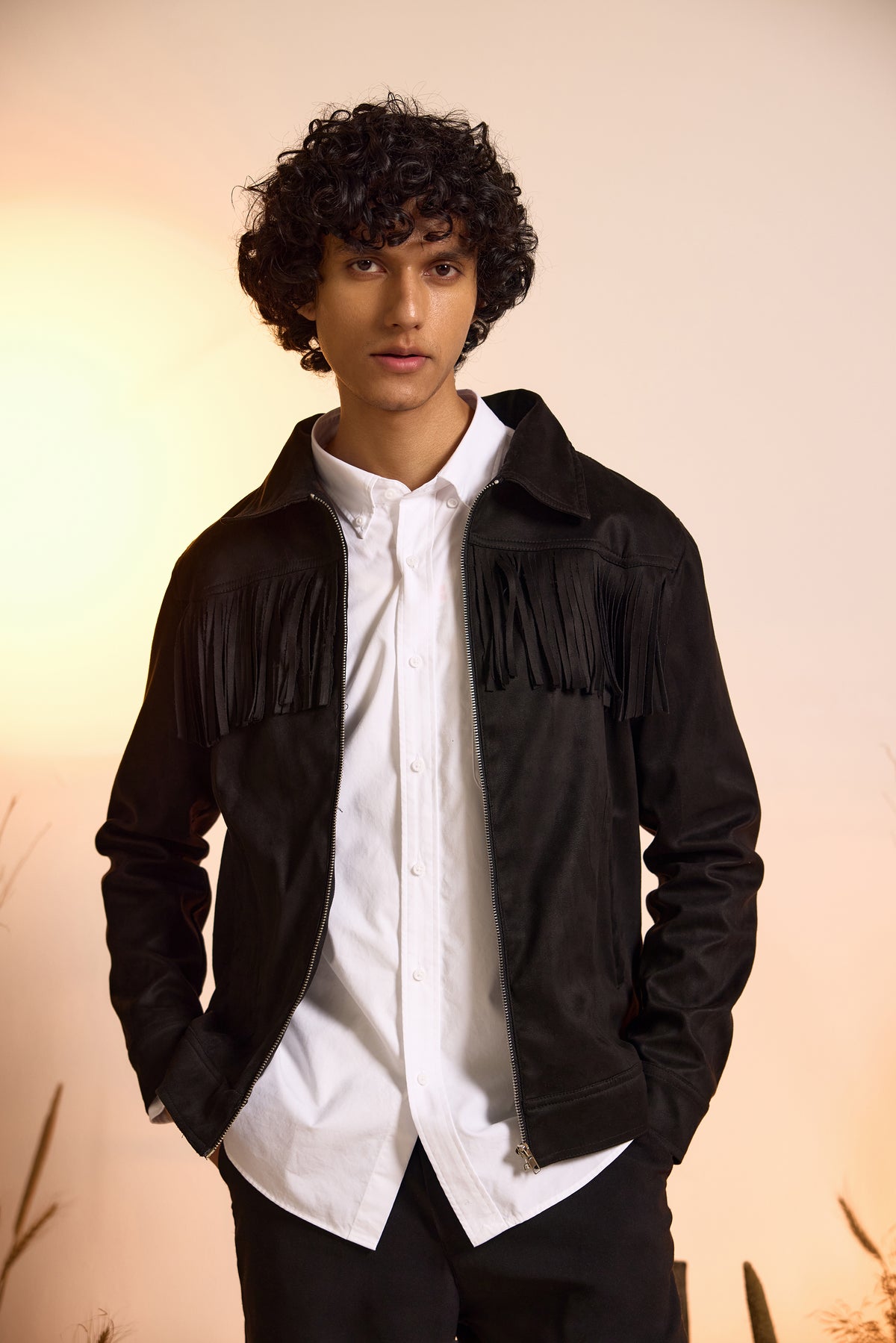 Fringe Relaxed Fit Suede Jacket-Black-Men