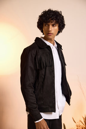 Fringe Relaxed Fit Suede Men's Jacket-Black