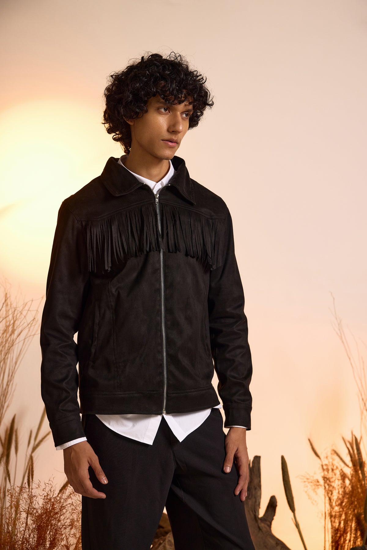 Fringe Relaxed Fit Suede Jacket-Black-Men